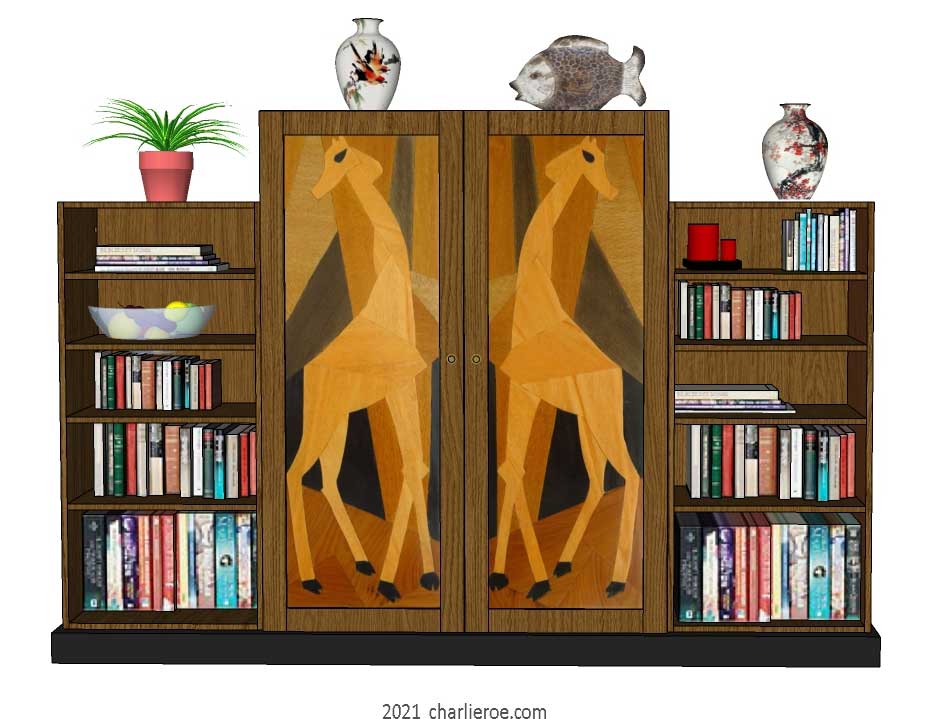 New Art Deco Omega Workshops Bloomsbury Group Cubist design marquetry wood veneer 4 door/bay bookcase or display shelf unit