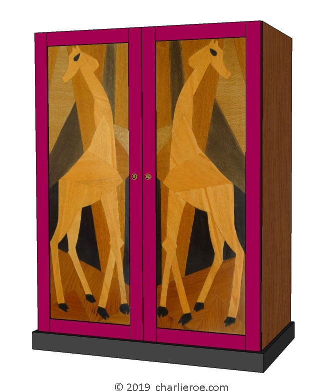 New Art Deco Omega Workshops Bloomsbury Group Cubist design marquetry wood veneer 4 door/bay bookcase or display shelf unit