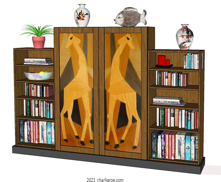 New Art Deco Omega Workshops Bloomsbury Group Cubist design marquetry wood veneer 4 door/bay bookcase or display shelf unit