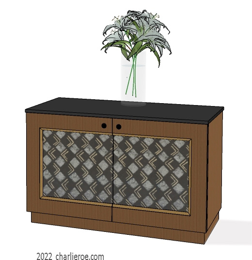 new Art Deco style Artistic hand painted lacquered & wood finish 2 door cupboard or sideboard with decorative Abstract painted panels