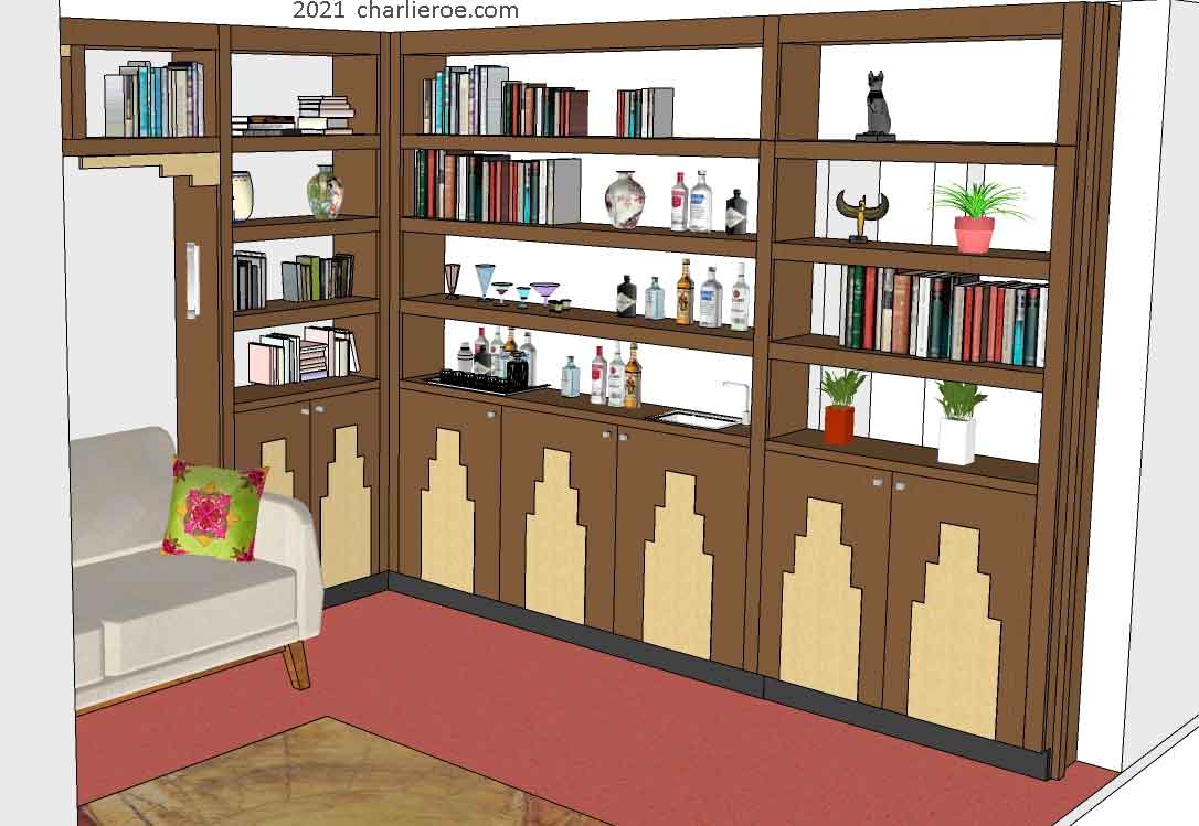 new Art Deco stepped Skyscraper style library bookcases display storage units with wet bar serving area