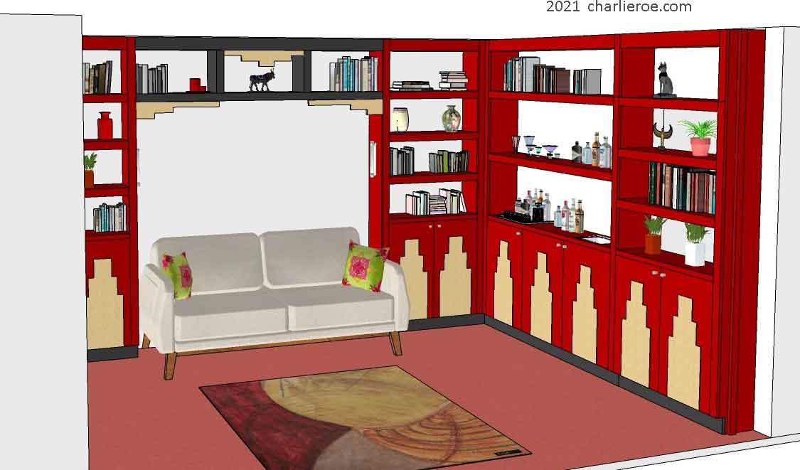 new Art Deco stepped Skyscraper style library bookcases display storage units with wet bar serving area