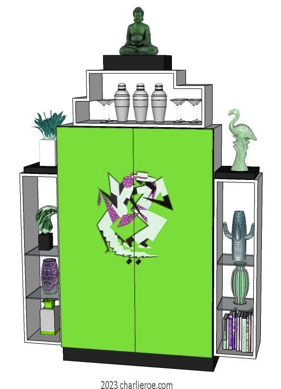 New Art Deco stepped 2 door bookcases display cabinets cuboards drinks cabinet with painted Josephine Baker Cubist design on the doors