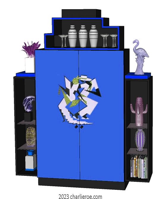 New Art Deco stepped 2 door bookcases display cabinets cuboards drinks cabinet with painted Josephine Baker Cubist design on the doors