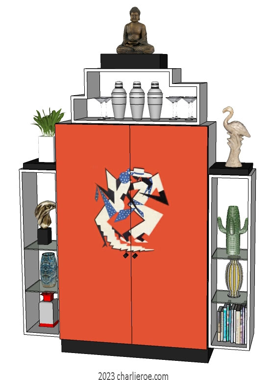 New Art Deco stepped 2 door bookcases display cabinets cuboards drinks cabinet with painted Josephine Baker Cubist design on the doors