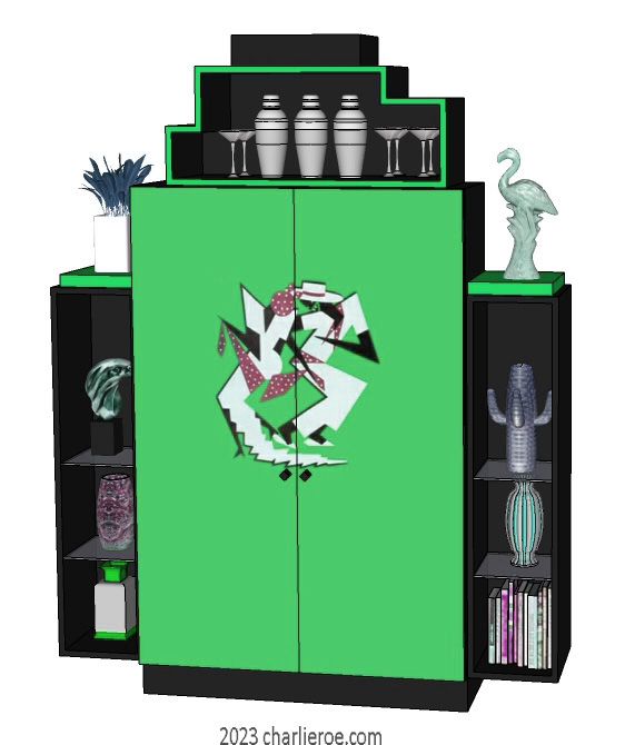 New Art Deco stepped 2 door bookcases display cabinets cuboards drinks cabinet with painted Josephine Baker Cubist design on the doors