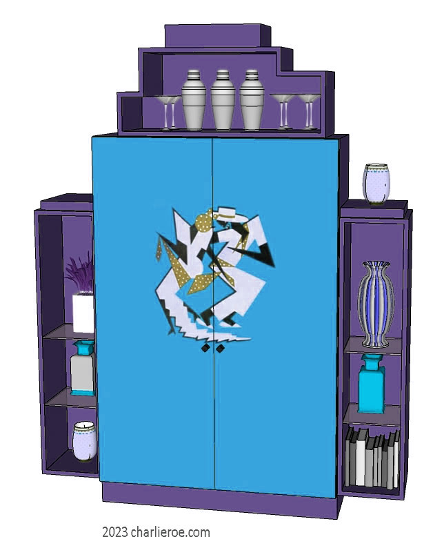 New Art Deco stepped 2 door bookcases display cabinets cuboards drinks cabinet with hand painted Cubist design on the doors