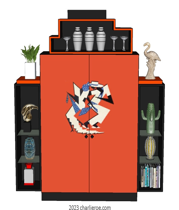 New Art Deco stepped 2 door bookcases display cabinets cuboards drinks cabinet with hand painted Cubist design on the doors