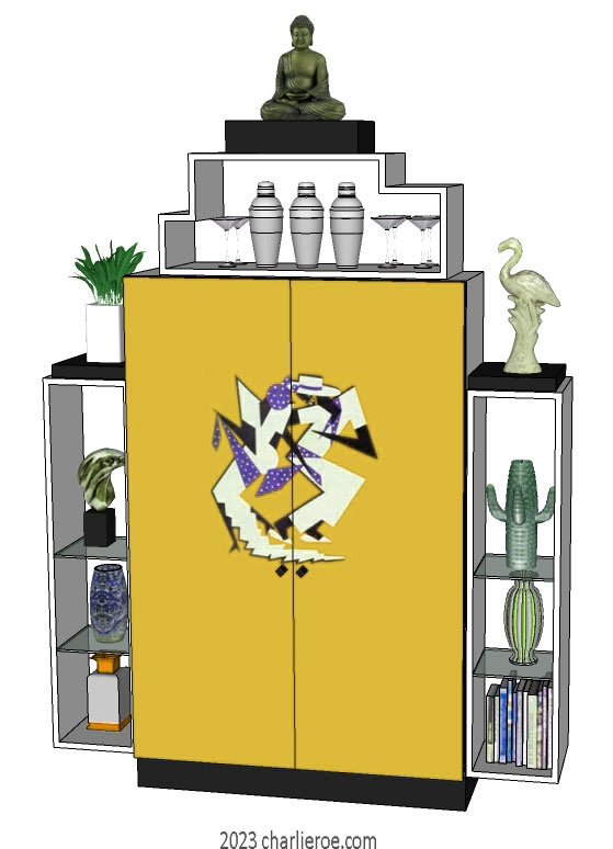 New Art Deco stepped 2 door bookcases display cabinets cuboards drinks cabinet with painted Josephine Baker Cubist design on the doors