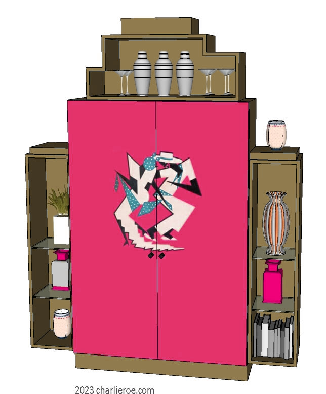 New Art Deco stepped 2 door bookcases display cabinets cuboards drinks cabinet with painted Josephine Baker Cubist design on the doors