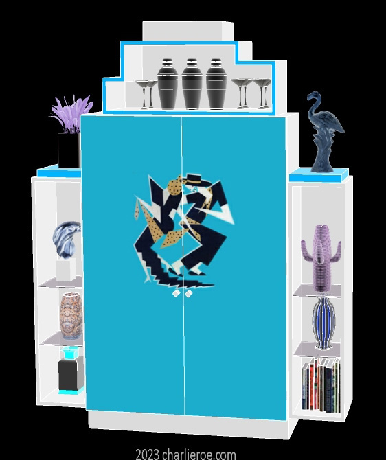 New Art Deco stepped 2 door bookcases display cabinets cuboards drinks cabinet with painted Josephine Baker Cubist design on the doors