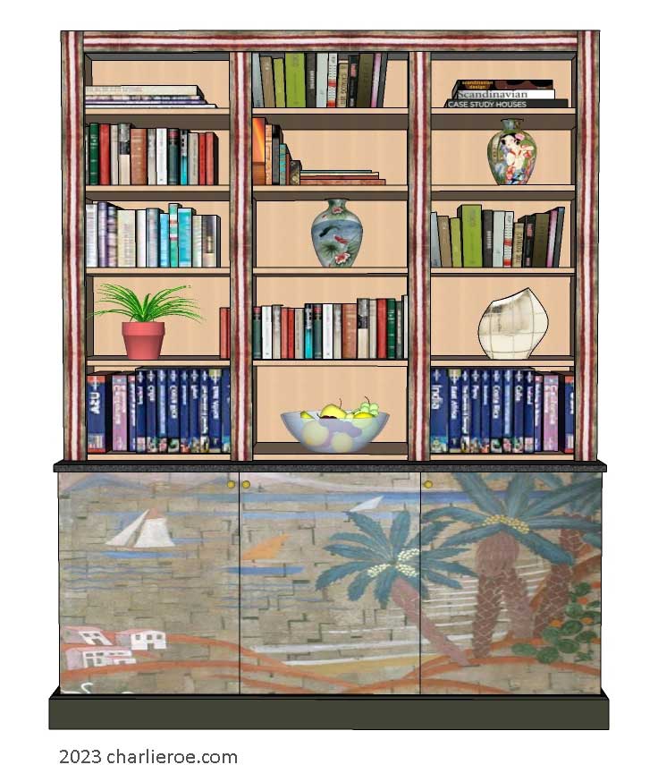 New Art Deco stepped 3 door bookcase display unit with hand painted Cubist seascape design on the doors