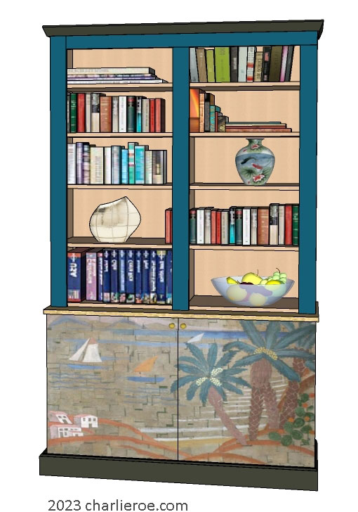 New Art Deco stepped 2 door bookcase display unit with hand painted Cubist seascape design on the doors