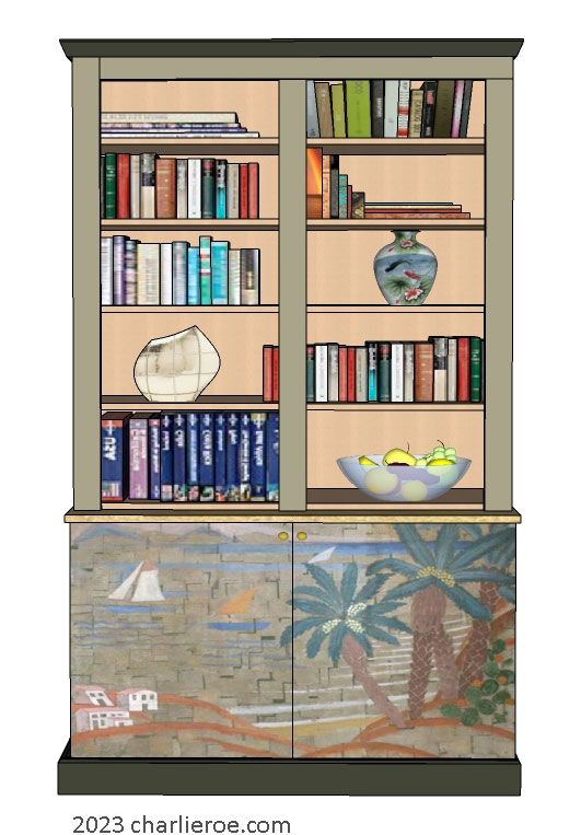 New Art Deco stepped 2 door bookcase display unit with hand painted Cubist seascape design on the doors
