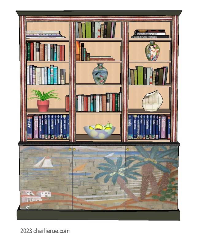 New Art Deco stepped 3 door bookcase display unit with hand painted Cubist seascape design on the doors