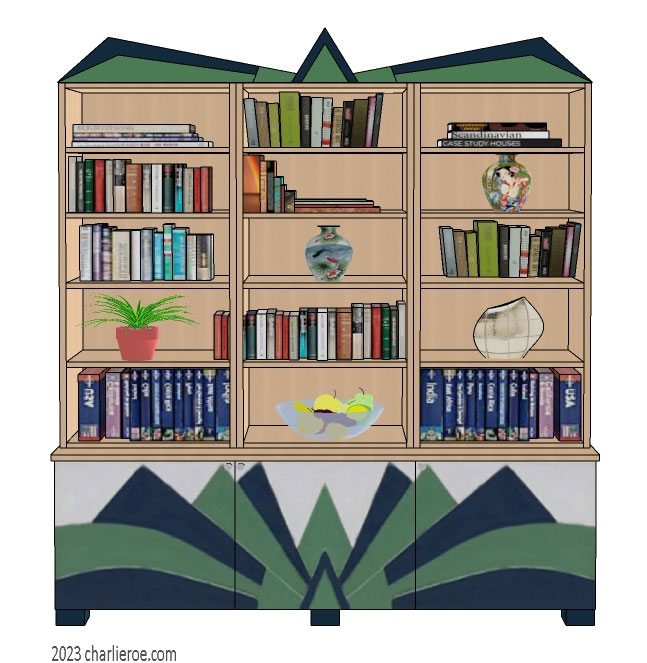 New Art Deco 3 door bookcase display cabinet with Cubist fan shaped designs on the doors