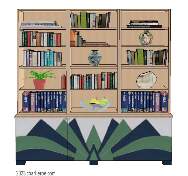New Art Deco 3 door bookcase display unit with hand painted Cubist fan shapes design on the doors
