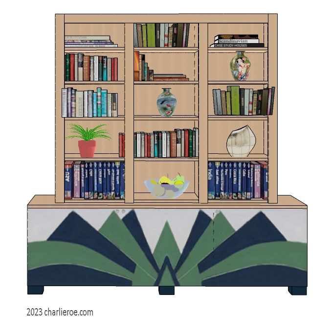 New Art Deco 3 door bookcase display unit with hand painted Cubist fan shapes design on the doors