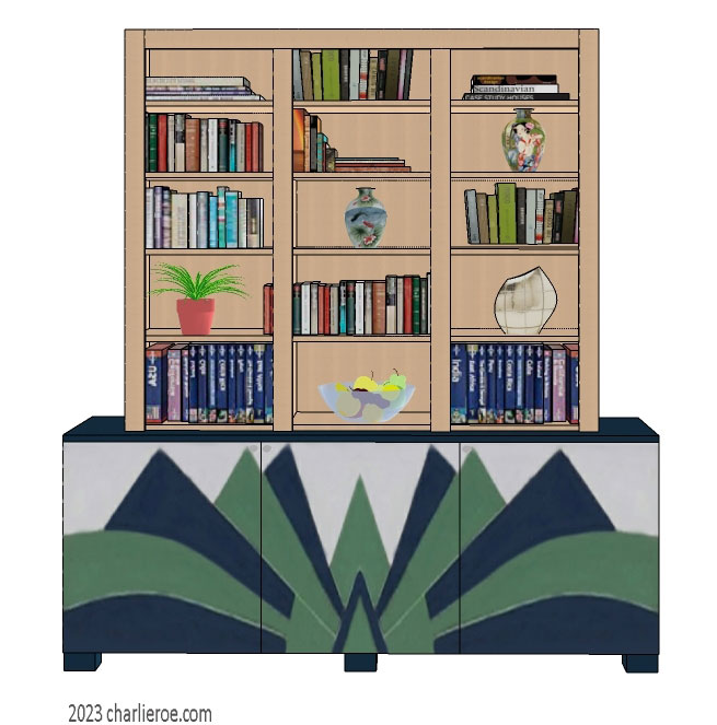 New Art Deco 3 door bookcase display unit with hand painted Cubist fan shapes design on the doors