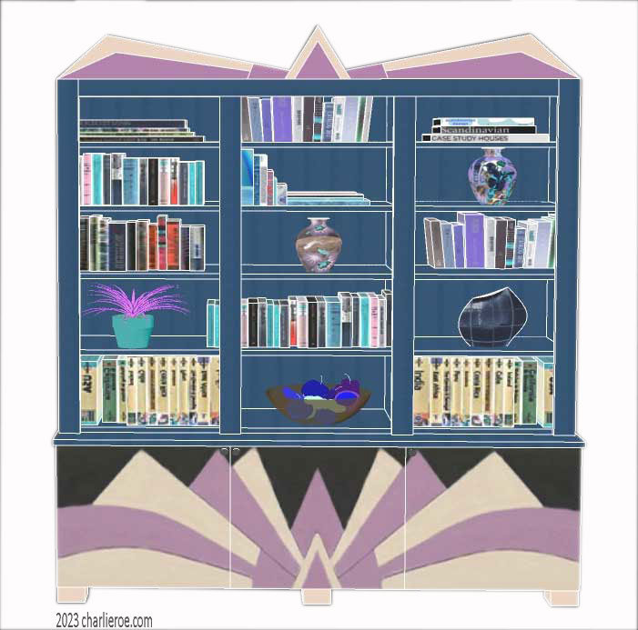 New Art Deco 3 door bookcase display unit with hand painted Cubist fan shapes design on the doors