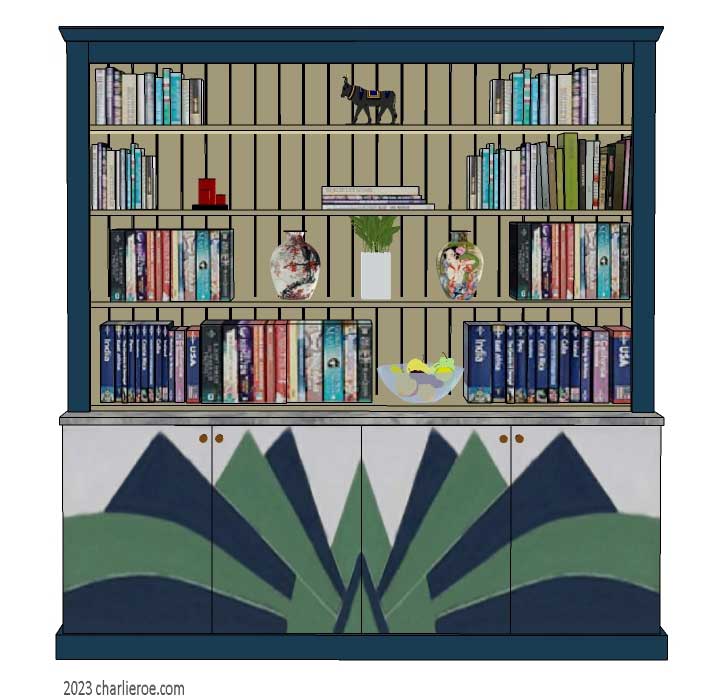 New Art Deco 3 door bookcase display unit with hand painted Cubist fan shapes design on the doors