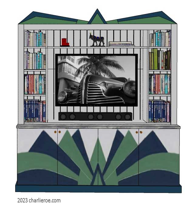New Art Deco 3 door media unit bookcase display unit with hand painted Cubist fan shapes design on the doors