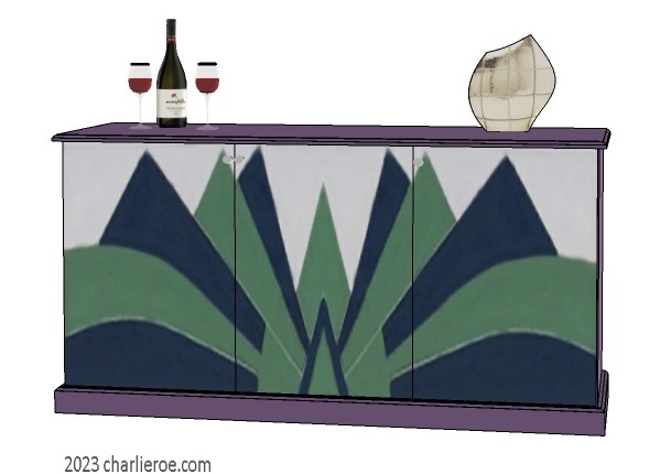 New Art Deco 3 doosideboard with hand painted Cubist fan shapes design on the doors
