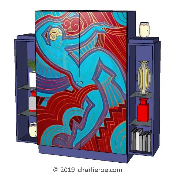 New Art Deco stepped 2 door bookcases display cabinets cuboards drinks cabinet with painted Josephine Baker Cubist design on the doors