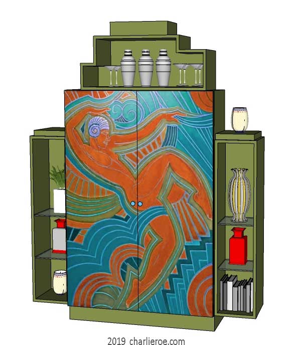 New Art Deco stepped 2 door bookcase cabinet cupboard drinks cabinet with stepped 'Skyscraper' style top section and painted Josephine Baker Cubist design on the doors