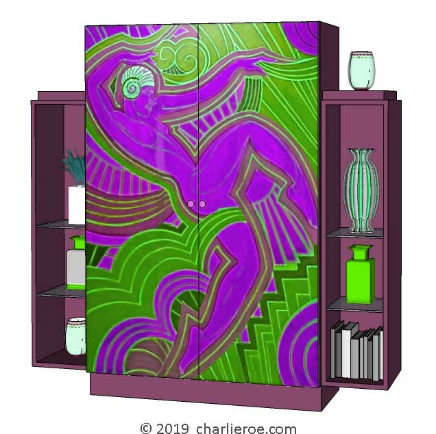 New Art Deco stepped 2 door bookcases display cabinets cuboards drinks cabinet with painted Josephine Baker Cubist design on the doors