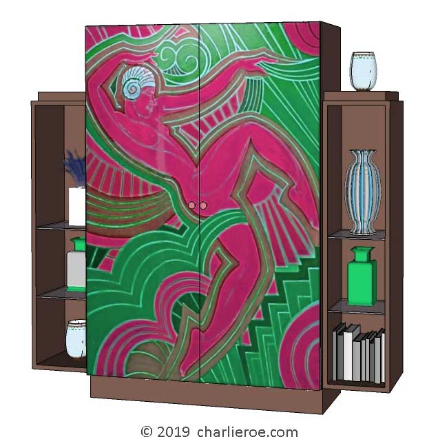 New Art Deco stepped 2 door bookcases display cabinets cuboards drinks cabinet with painted Josephine Baker Cubist design on the doors