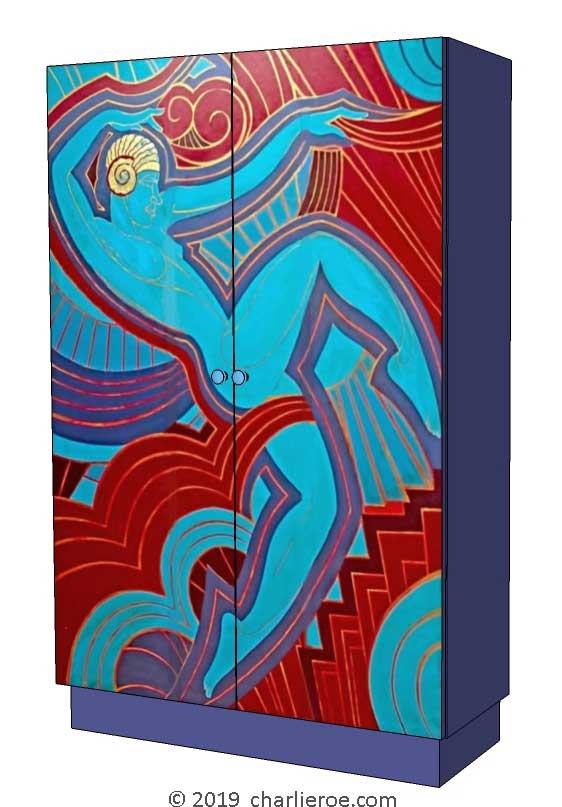 New Art Deco stepped 2 door bookcases cabinet cuboard drinks cabinet bar with painted Josephine Baker Cubist design on the doors