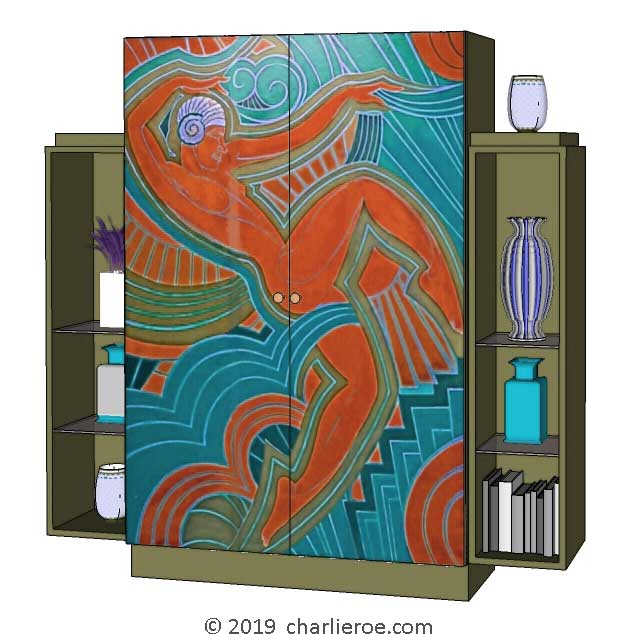 New Art Deco stepped 2 door bookcases display cabinets cuboards drinks cabinet with painted Josephine Baker Cubist design on the doors