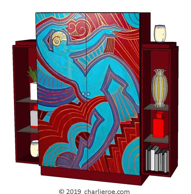 New Art Deco stepped 2 door bookcases display cabinets cuboards drinks cabinet with painted Josephine Baker Cubist design on the doors