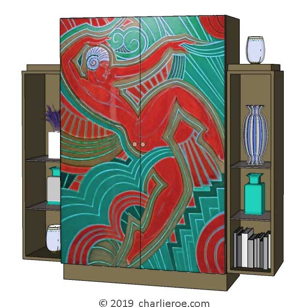 New Art Deco stepped 2 door bookcases display cabinets cuboards drinks cabinet with painted Josephine Baker Cubist design on the doors