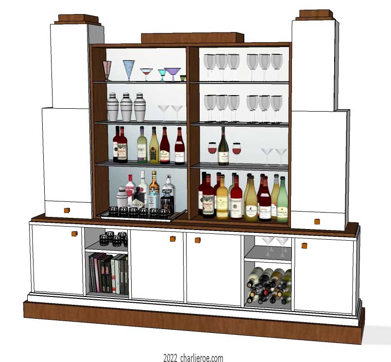 new Art Deco style library bookcases display storage units with wet bar painted in pastel Miami colours