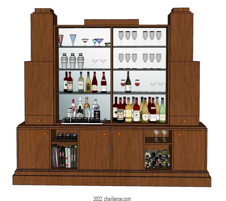 new Art Deco skyscraper style large drinks cabinet bar or display storage units in a stained wood finish