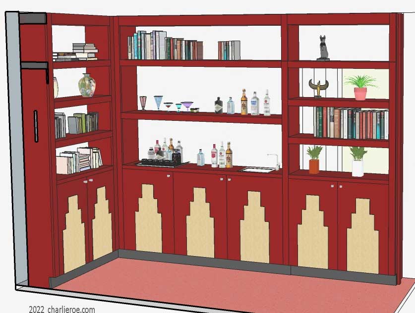 new Art Deco style library bookcases display storage units with wet bar painted in pastel Miami colours
