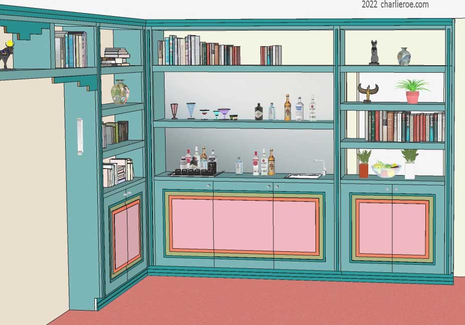 new Art Deco wet bar built-into a home library in a painted lacquered finish