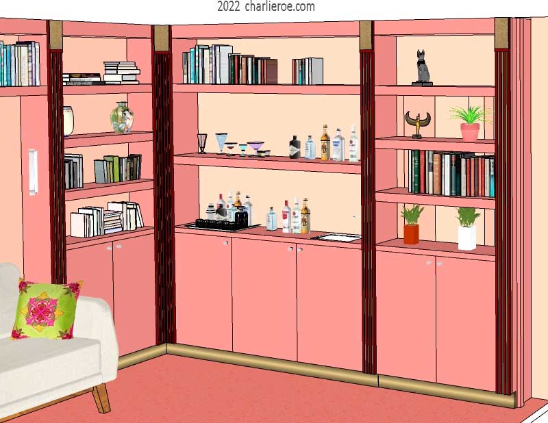 new Art Deco wet bar built-into a home library in a painted lacquered finish