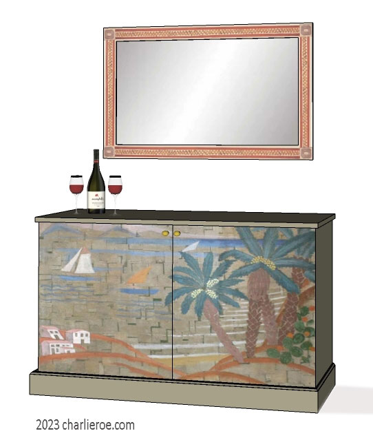 New Art Deco 2 door cabinet sideboard with hand painted Cubist seascape design