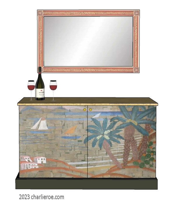 New Art Deco 2 door cabinet sideboard with hand painted Cubist seascape design