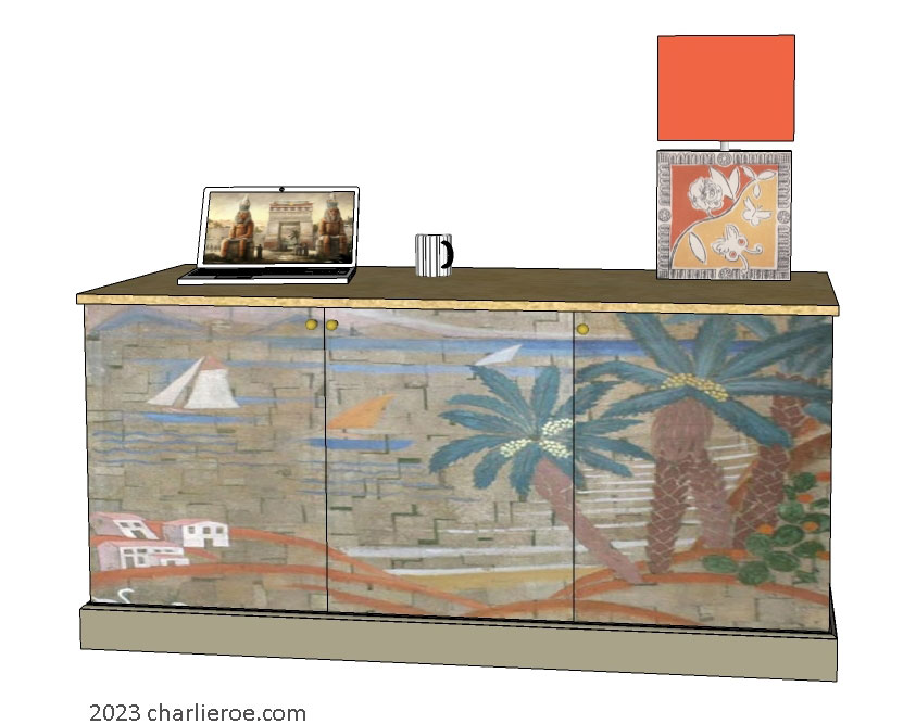 New Art Deco 3 door cabinet sideboard with hand painted Cubist seascape design