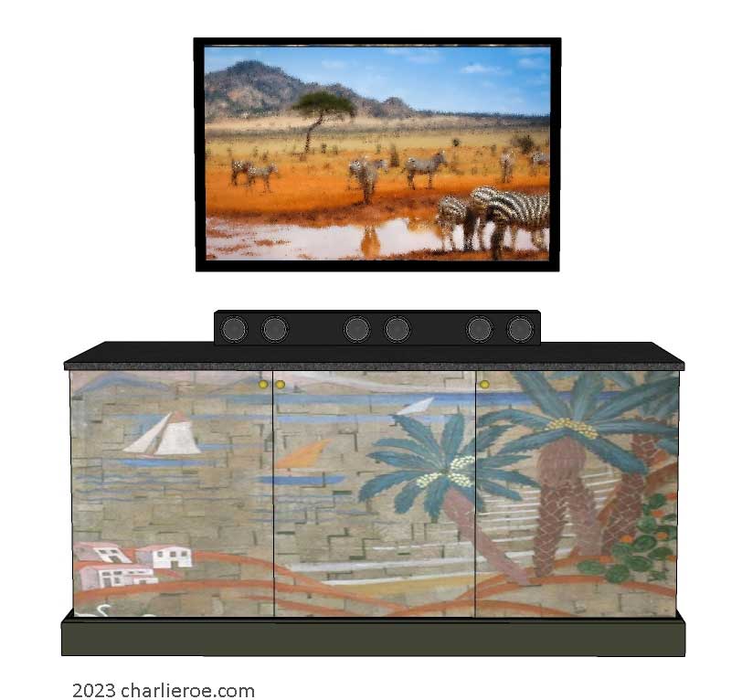 New Art Deco 3 door cabinet sideboard with hand painted Cubist seascape design