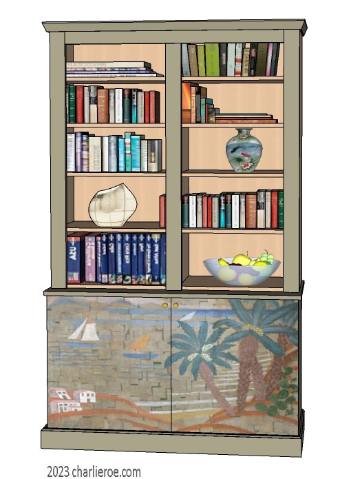 New Art Deco 2 bay 2 door bookcase with hand painted Cubist seascape design