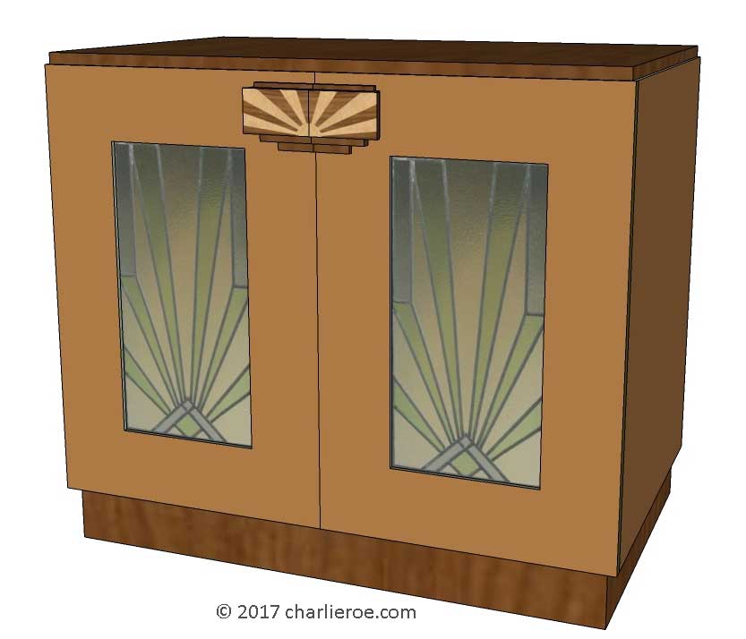 New Art Deco 2 door cabinet cupboard lacquered painted with Skyscraper style stained leaded glass panels & veneered marquetry handles