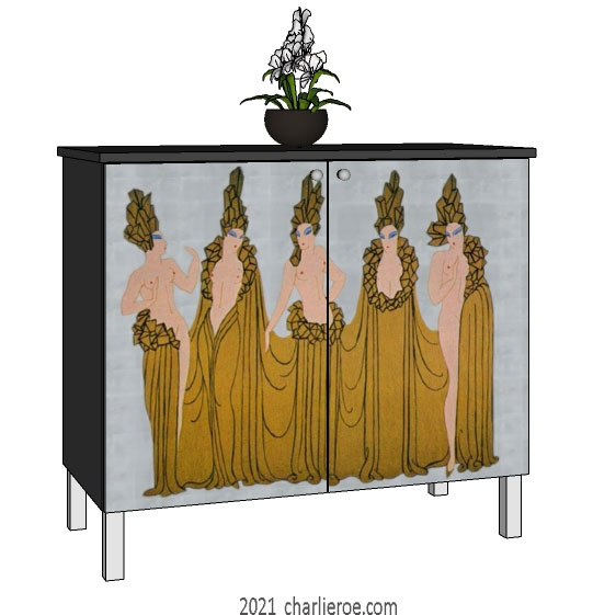 New Art Deco 2 door cabinet cupboard or sideboard with Erte inspired painted door panels