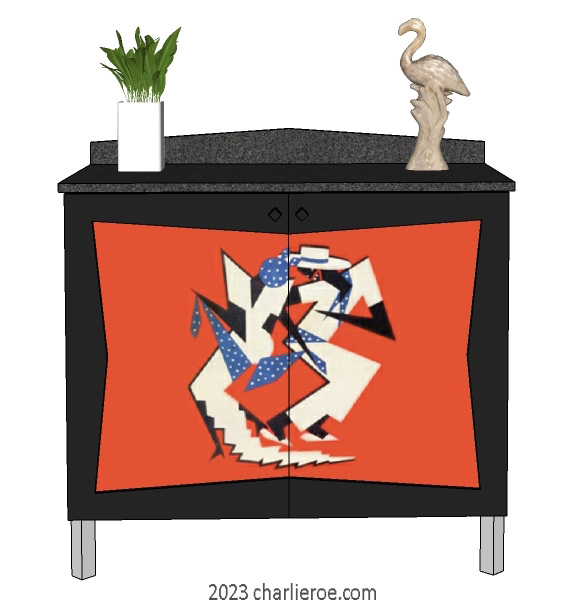 New Art Deco painted lacquered 2 door cabinet, cupboard, bar or sideboard with painted Cubist design door panels