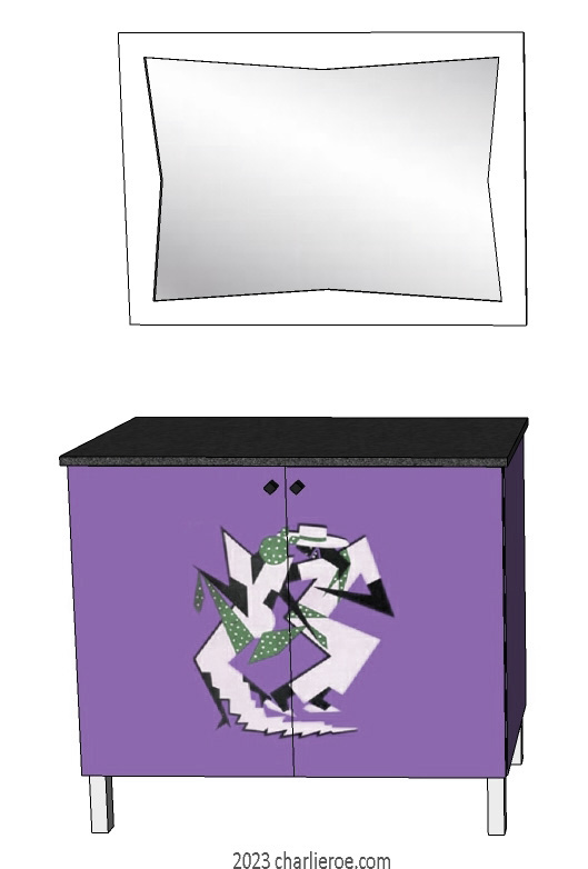 New Art Deco 2 door cabinet cupboard or sideboard with Cubist painted door panels