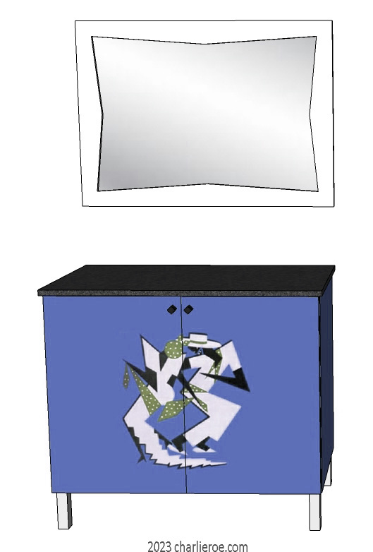 New Art Deco 2 door cabinet cupboard or sideboard with Cubist painted door panels